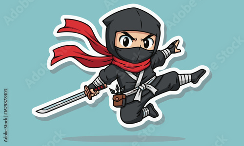 Leaping Cartoon Ninja with Sword and Shurikens