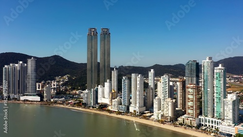 Highrise Buildings In Balneario Camboriu Santa Catarina Brazil. Bird Eye View Of Famous Building In Vibrant District Of City. Shore Clouds Sky Beach Sea.