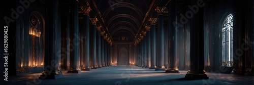 Long, dark hall with columns and arched ceilings.  Dim light from candles illuminates the space