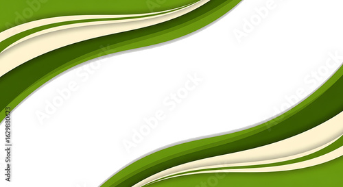 Dynamic layered green and beige abstract wavy shapes with subtle shadows.