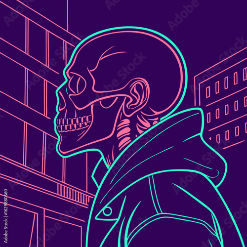 Skull vector side view on a neon hoodie shines in a vibrant city. Suitable for edgy fashion designs and urbanthemed graphics.