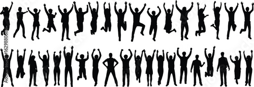 Silhouettes of people in various poses and activities like walking, dancing, and jumping, captured as vector ink blots and splashes, representing a diverse group including women, men, and children