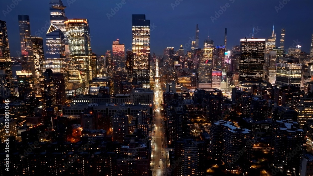 Naklejka premium New York Skyline In Manhattan New York United States. Capturing The Hustle And Bustle Of A Vibrant City From Above. Night Elevated Road Downtown Cityscape. Night Downtown Panoramic.