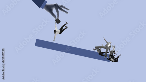 Photos Digital collage of hand dropping businessman as team collapses below