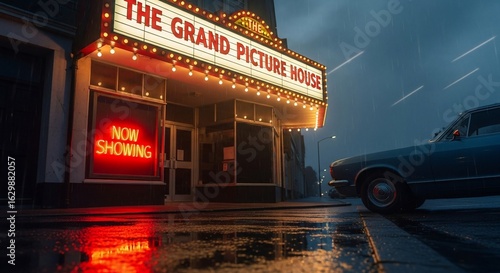 Vintage Grand Picture House Theater Entrance on Rainy Night with Classic Car