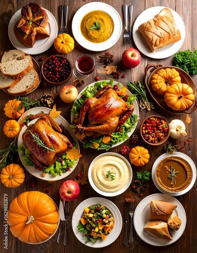 Thanksgiving feast spread on a table