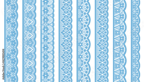 A set of eight light blue lace trims with geometric patterns, featuring one straight edge and one fan-shaped edge
