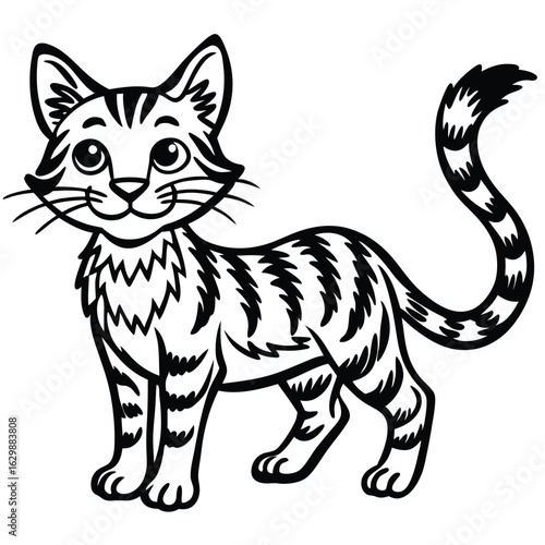 Striped cat isolated on white background, cartoon style illustration