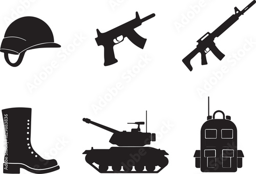 Military icons helmet gun tank boot radio backpack gear set