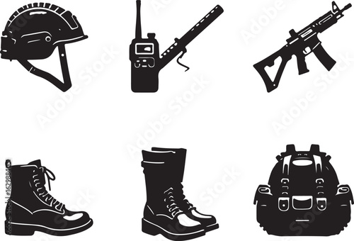 Military gear icons: helmet, radio, rifle, boots, backpack.
