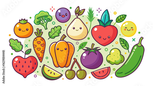 Vector art of collection of cute and colorful cartoon fruits and vegetables with happy faces, representing a fun and healthy way to enjoy nutritious food for all ages