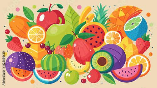 Vector art of a vibrant and colorful illustration showcasing a bountiful collection of fresh, ripe fruits, artfully arranged in a delightful composition