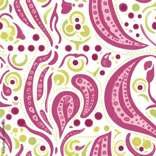 A pattern of pink and green flowers with green leaves