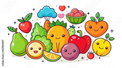 Vector art of a delightful assortment of cute cartoon fruits and vegetables with smiling faces, set against a clean white background
