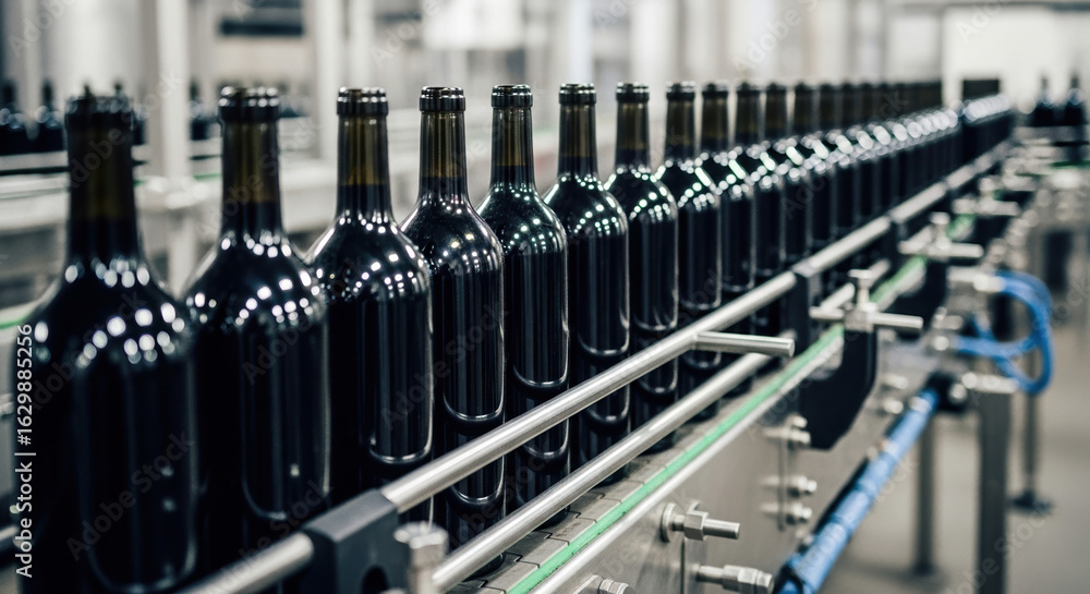 Fototapeta premium Bottling wine shows row of dark glass bottles on conveyor belt. Wine bottling is important step in manufacturing process, as bottles are filled with liquid, corked, and labeled.