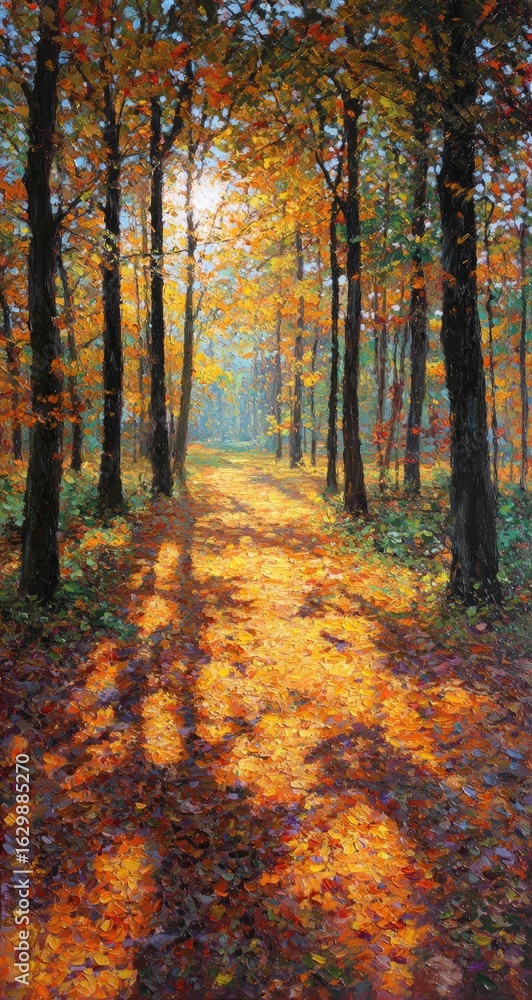 Obraz premium Autumnal forest path bathed in golden sunlight