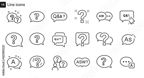 Set of line icons representing questions answers and dialogues with question marks