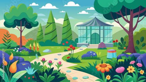 Vector art of a beautiful and vibrant illustration of a lush green garden with a winding stone path leading to a greenhouse, surrounded by colorful flowers and trees under a bright sky