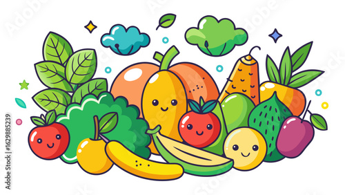 Vector art of an adorable and cheerful flat illustration filled with cute, smiling fruits and vegetables, perfect for childrens content, healthy eating, and fun designs
