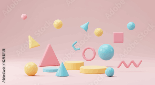 Abstract geometric shapes on a pastel pink background create a playful, modern scene