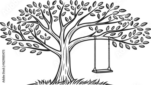 Tree with Swing Line Art – Hand Drawn Black and White Illustration