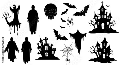 Spooky vector silhouettes of Halloween symbols and creepy elements collection