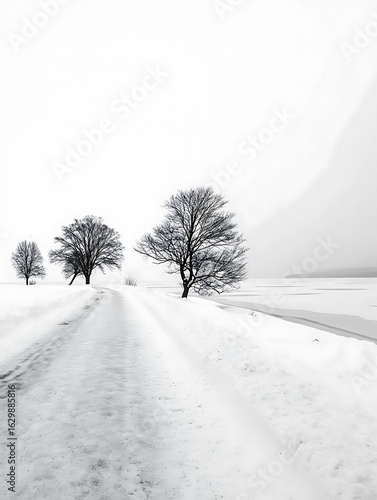 Winter road covered with snow surrounded by frosty trees in a cold forest landscape. AI generated