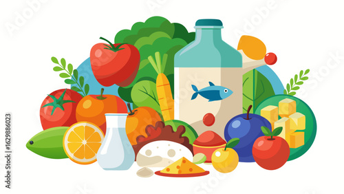 Vector art of collection of fresh fruits, vegetables, dairy, fish, and drinks, symbolizing a healthy and nutritious lifestyle, isolated on white background