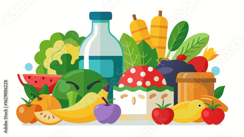 Vector art of assortment of fresh fruits and vegetables with a bottle of water and other healthy food items, representing a balanced diet and nutritious lifestyle