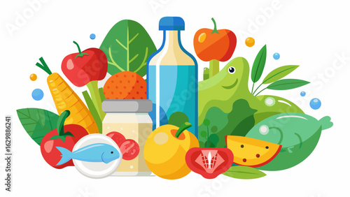 Vector art of variety of fresh fruits, vegetables, fish, and healthy food items including a bottle of water and jars, symbolizing a balanced diet and nutritious eating habits
