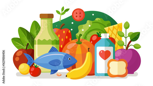 Vector art of a colorful flat illustration featuring a selection of fresh fruits, vegetables, fish, and beverages, symbolizing a healthy lifestyle and nutritious food choices
