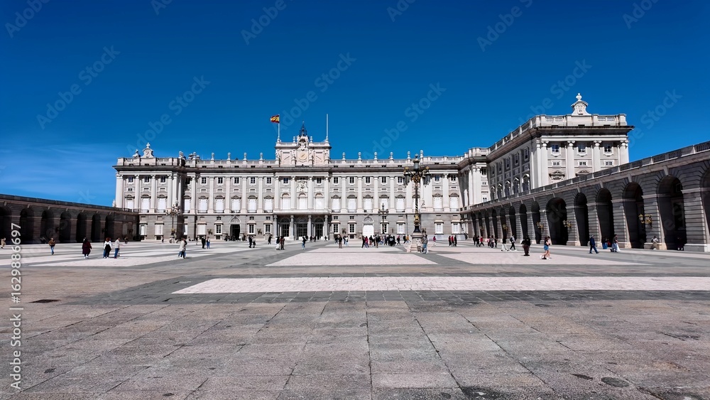Obraz premium Royal Palace In Madrid Spain. Birds Eye View Of Medieval Building In Famous District Of City. Town Sky Backgrounds Urban. Outside Backgrounds Up Above. Madrid Spain.