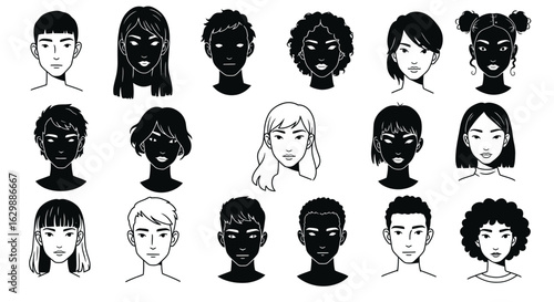 Diverse vector art set of cartoon portraits showcasing various hairstyles and ethnicities