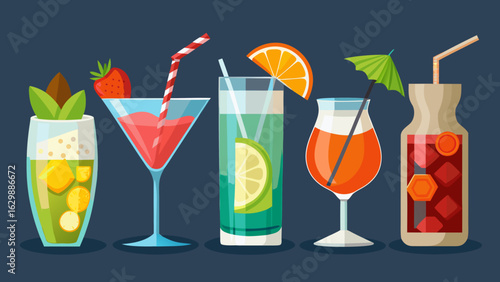 Vector art of an assortment of five exotic cocktails, showcasing diverse glassware, fresh fruit garnishes, and vibrant colors, ideal for a festive summer gathering