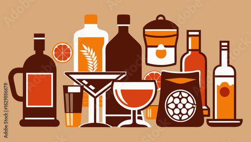 Vector art of a collection of various alcoholic beverage bottles and glasses, including wine, spirits, and cocktails, with citrus garnishes, presented in a stylized illustration