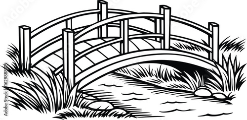 Arched Wooden Footbridge – Hand-Drawn Rustic Bridge Line Art