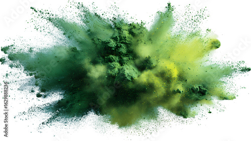 Green pigment powder burst, captured mid-air, isolated on white