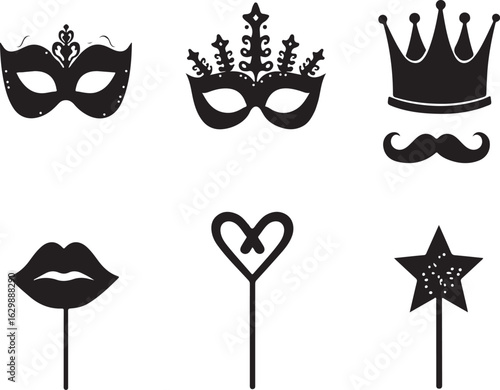 Fun party props: masks, crown, lips, heart, star, mustache