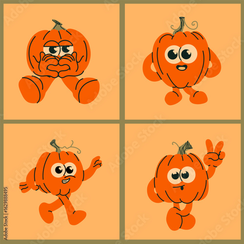 Set of four cute cartoon pumpkins with expressive faces and limbs, showing various emotions and playful gestures in a square grid format on an orange background

