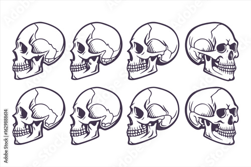 Collection of hand-drawn angry skull illustrations. Black and white scary human head symbol for Halloween or gothic design.