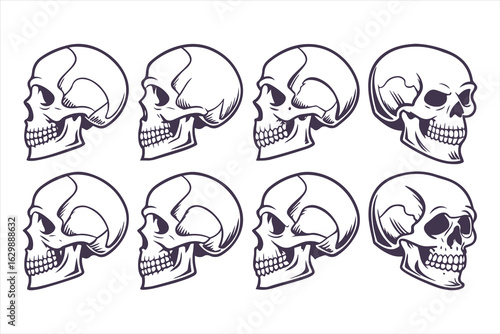 Collection of hand-drawn angry skull illustrations. Black and white scary human head symbol for Halloween or gothic design.