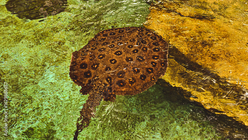 Obraz na plátně Spotted stingray gliding through the crystal clear shallows of tropical waters