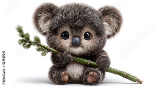 Adorable Baby Koala Bear Holding Branch  Cute Australian Wildlife on White.