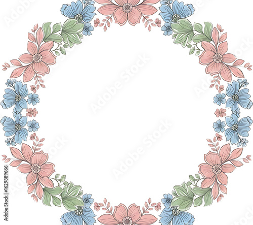 Floral Wreath with Pink Blue and Green Flowers and Leaves Illustration.
