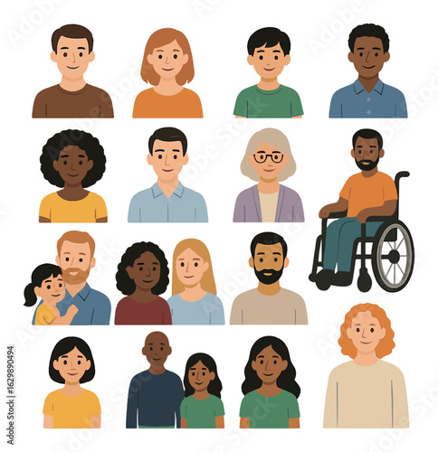 Diverse group of illustrated characters including gender, race, age, and accessibility