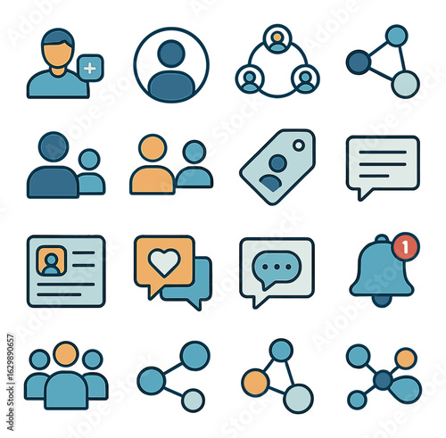 Set of colorful social media and network icons with communication symbols