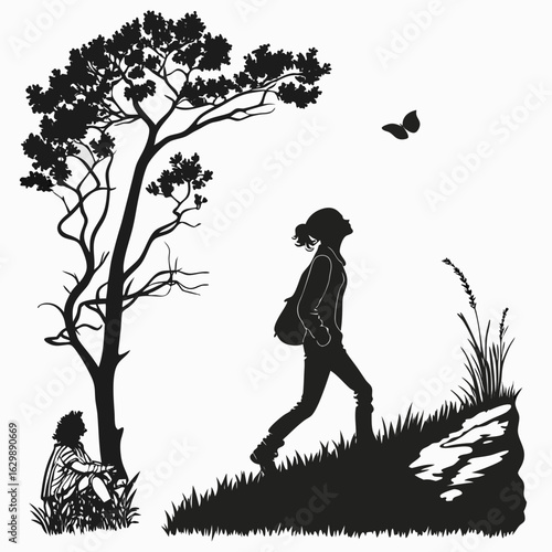 Set of jungle explorer action silhouettes – adventurers, archaeologists, and wildlife seekers in motion, flat black on white background

