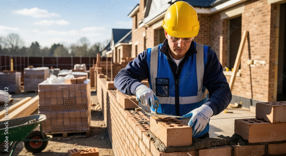 Fototapeta premium Construction worker laying bricks at a construction site, building a wall. Construction worker is working hard, using mortar and trowel, ensuring each brick is perfectly aligned.