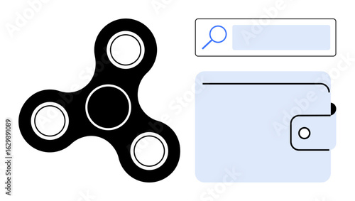 Minimalist design featuring a fidget spinner, a wallet, and a search bar, symbolizing creativity, digital finance, and browsing. Ideal for productivity, technology, finance focus online shopping
