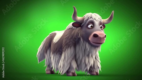 Cartoon yak character with fluffy fur and expressive eyes against a vibrant green background